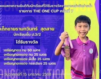 <strong>Read more about</strong><br />ขอแสดงความยินดีกับนักเรียนที่ได้รับรางวัลจากการแข่งขันว่ายน้ำ The ONE Cup ครั้งที่ 7 ขอแสดงความยินดีกับนักเรียนที่ได้รับรางวัลจากการแข่งขันว่ายน้ำ The ONE Cup ครั้งที่ 7